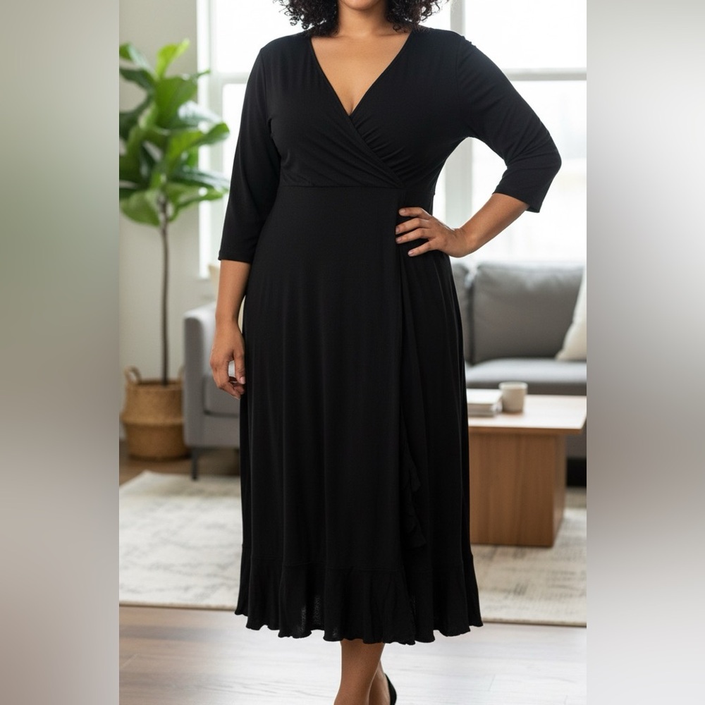 🖤 GLAMOUR Plus Size 18W Black Faux Wrap Midi Dress 🖤